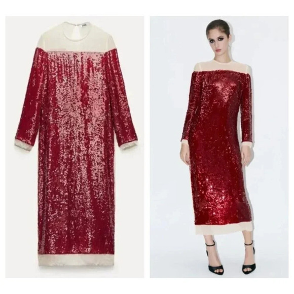 Zara Red Sequin Midi Sheath Holiday Dress XS - Picture 1 of 7